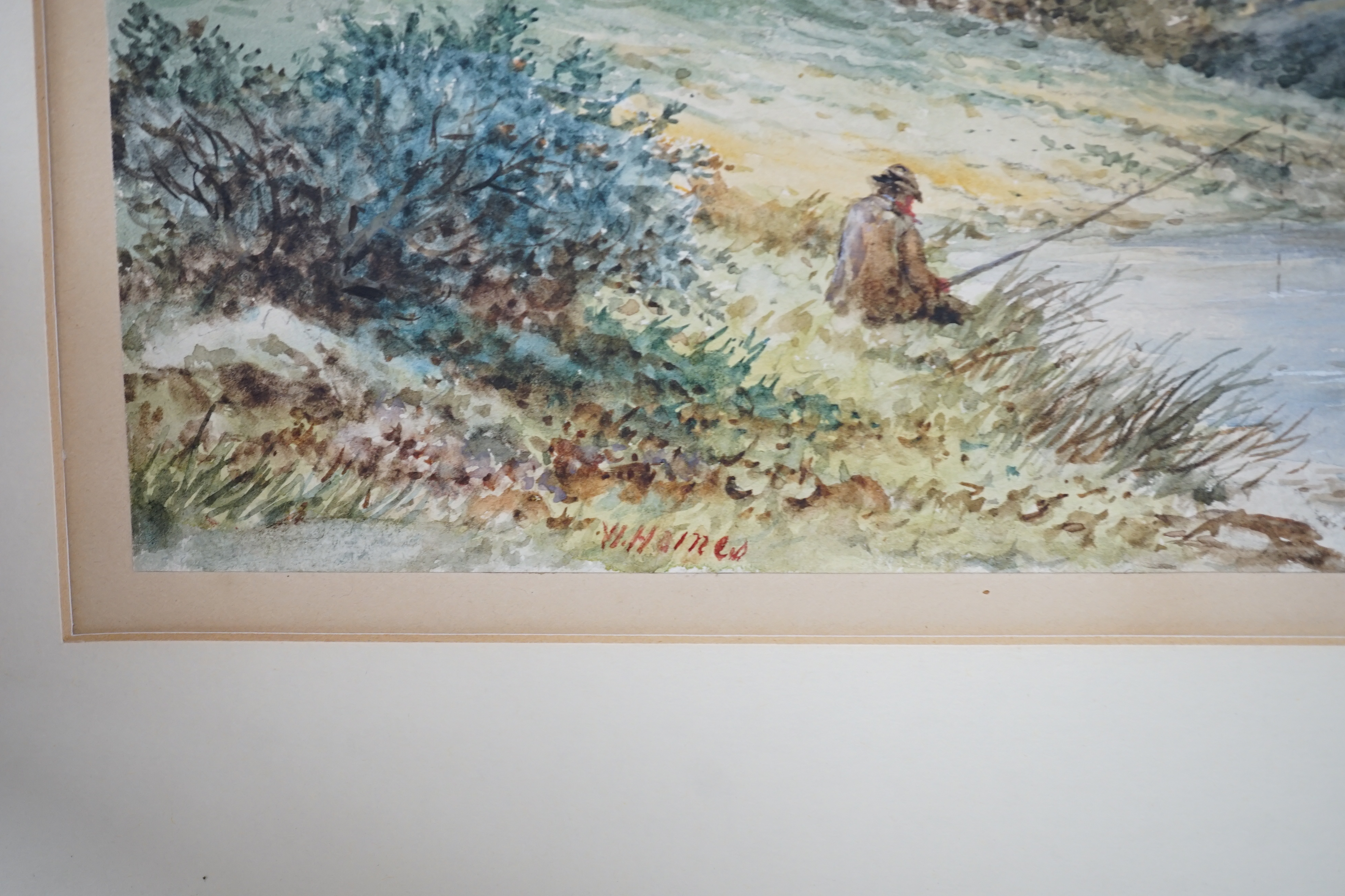 W. Haines, watercolour, Angler in a landscape, signed, 25 x 35cm, with two Cries of London colour prints